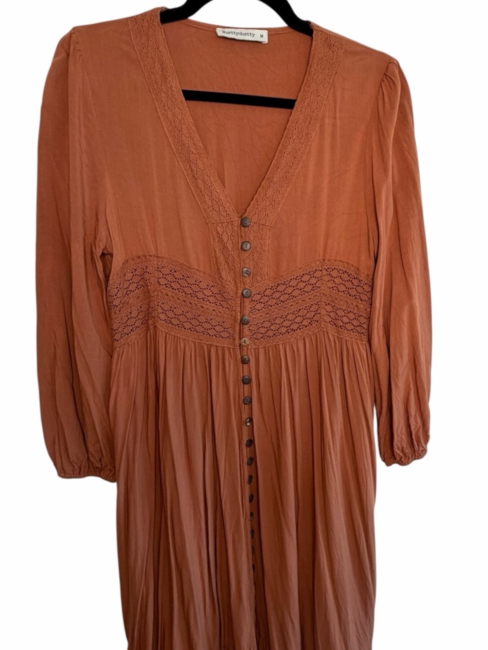 Rusttydustty Boho Prairie Maxi Dress Rust Button Front Cottagecore Earthy M - Picture 3 of 13